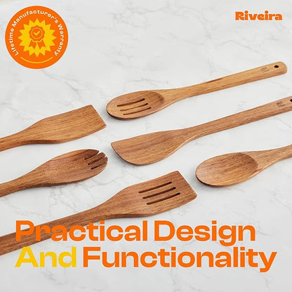 Riveira Teak Wooden Cooking Utensils Set of 6 Premium Quality Non-Toxic Wooden Spoons & Spatula for Cooking, Stirring & Serving