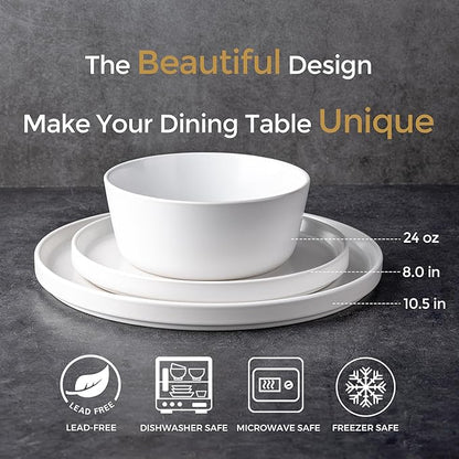 AmorArc Ceramic Dinnerware Sets for 6, Modern Flat Stoneware Plates and Bowls Sets,Chip and Crack Resistant | Dishwasher & Microwave Safe Dishes Set,Scratch Resistant- Service for 6 (18pc)-Matte White