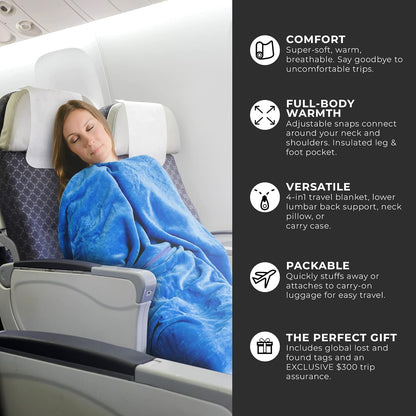 Lightweight Travel Blanket - Premium & Compact Airplane Wearable Blanket with Neck Snaps, Cozy Foot Pockets, Zipper Pouch - Converts into Soft Pillow - Designed for Ultimate Comfort - Royal Blue