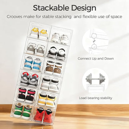 Pinkpum Upgraded Hard Shoe Storage Box 12 Pack X-Large Fit Size 12, Thicken & Sturdy Clear Plastic Stackable Shoe Organizer Box Closet, Sneaker Storage Display Case Holder Bins with Magnetic Door