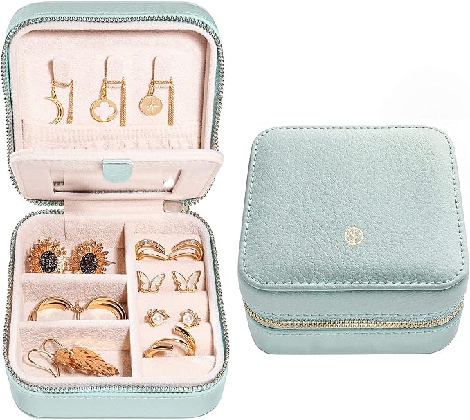 S.Leaf Travel Jewelry Organizer Travel Jewelry Boxes for Women Small Jewelry Travel Case Box Portable Travel Jewelry Case Travel Case Mini Jewelry (02_Lychee_Haze_Blue)