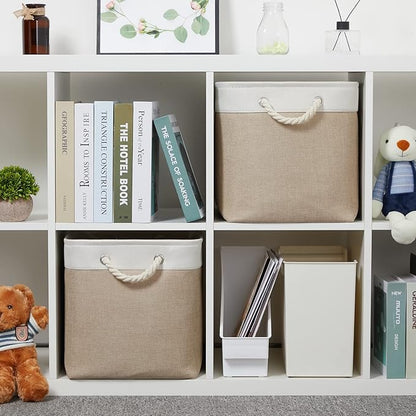 Temary Fabric Storage Baskets 2 Pack Decorative Storage Bins Basket for Gifts Empty Shelf Baskets with Handles for Organizing Home Closet, Towels (White&Khaki,16Lx12Wx12H Inches)