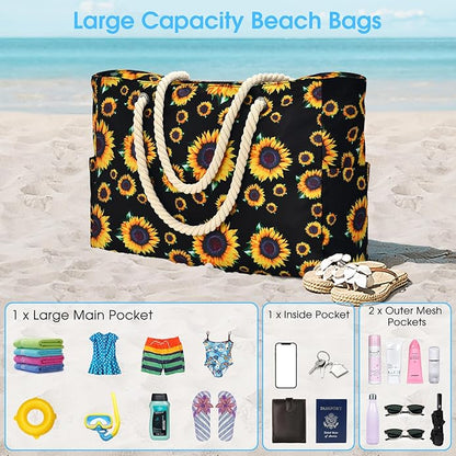 Becokan Beach Bag Large Beach Tote Bag for Women Waterproof Sandproof Swim Pool Bag With Zipper