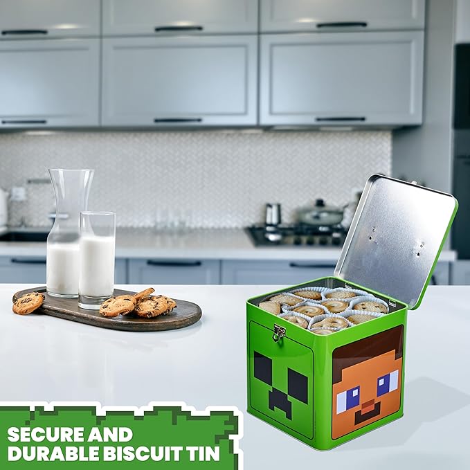 Minecraft Cookie Tin for Kids and Teenagers, Metal Clasp 7 x 7 Decorative Storage Cookie Jar - Gifts for Gamers