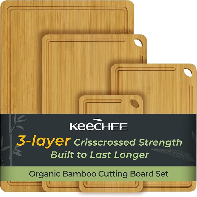 4-Pcs Natural Wood Cutting Board Set Kitchen Tools with Juice Groove, Wooden Chopping Board for Meat, Fruit, Vegetables & Cheese (Pre Oiled, Natural)