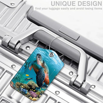 2 Pcs Sea Turtle Luggage Tags for Suitcases PU Leather Baggage Tags Name ID Label with Privacy Cover and Stainless Steel Loop for Men Women Travel Bag Suitcase