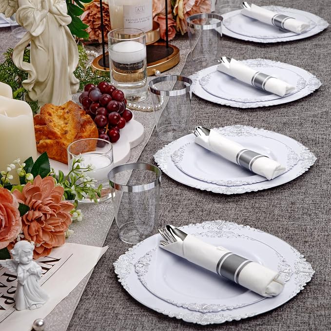 210 Pcs White Silver Plates for Party | White Party Plates Set for 30 Guests