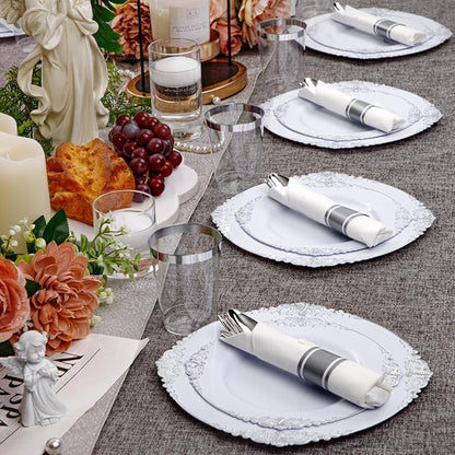 210 Pcs White Silver Plates for Party | White Party Plates Set for 30 Guests