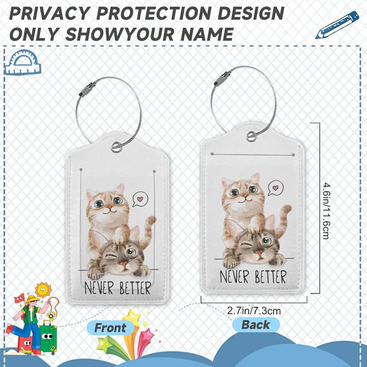 Cute Cat Luggage Tags for Suitcases,2 Pack,Never Better Luggage Tag,Leather Stainless Steel Loop Label Tag for Women Men Girls Travel Bag Suitcase