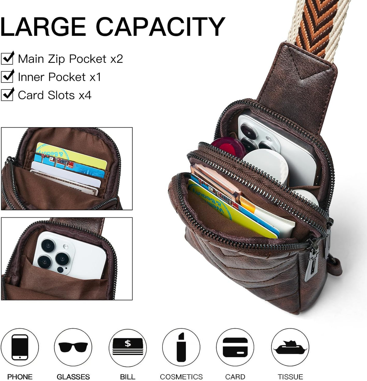 7L Sling Bag for Women Men Leather Small Sling Backpack Daypack Anti Theft Fanny Pack Crossbody Purse Travel