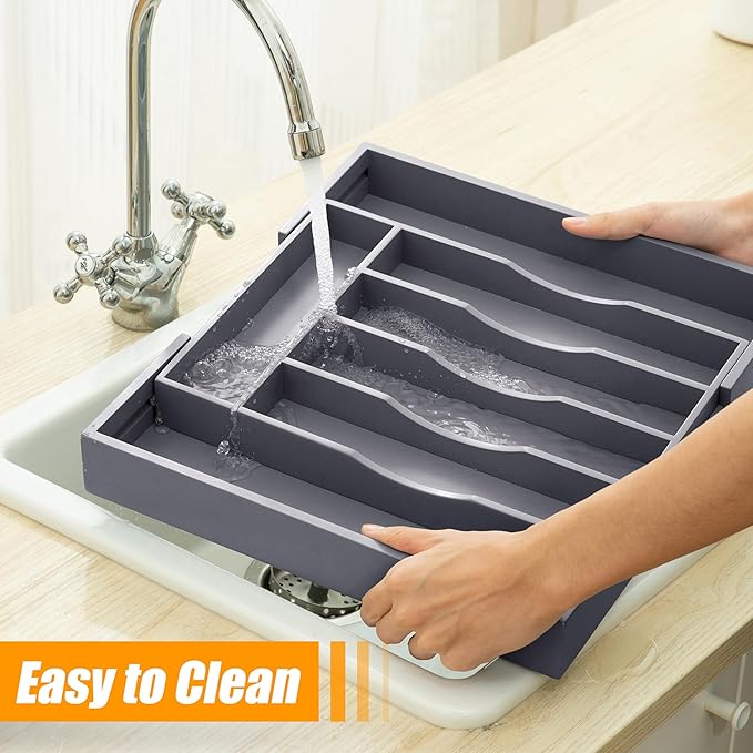 Kitchen Silverware Drawer Organizer and Storage Bamboo Wood Cooking Utensil Holder Cutlery Knife Jewelry Spice Rack Spoon Fork Multi Cabinet Organization Bathroom Counter Expandable Adjustable Tray