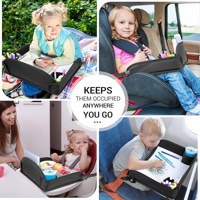 COOLBEBE Kids Travel Tray for Toddler Car Seat, Travel Tray for Airplane, Toddler Car Seat Lap Tray, Carseat Table Tray for Kids Travel Activities (Black-1)