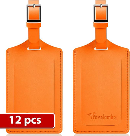 Travelambo Luggage Tags for Suitcases Faux Leather Privacy Protection 12 Pack Bag Tags Travel Accessories Essential, Hot Orange