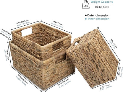 Water Hyacinth Storage Baskets with Wooden Handles, Rectangular Woven Organizer Bins for Closet, Pantry, Bathroom, or Shelves, Natural Decorative Storage Baskets for Home Organization – Set of 3