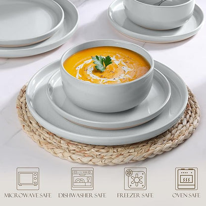 LIANYU Porcelain Dinnerware Set for 6, 18PCS Elegant Plates and Bowls Set with Stackable Design, Highly Chip and Scratch Resistant, Dishwasher Safe, Glacier Gray