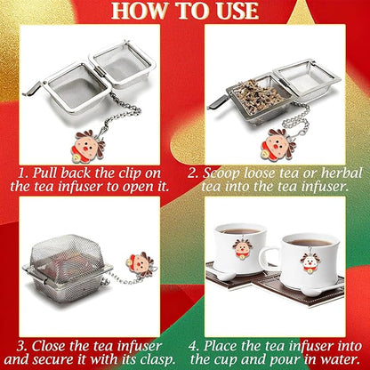Christmas Themed Tea Ball Set, 2 PCS Cubic Tea Strainers for Loose Leaf Tea, Reusable Stainless Steel Mesh Tea Steeper, Tea Infuser with Brown Caribou and White Reindeer Pendant