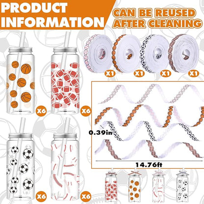 Hushee 24 Pcs 14.2 oz Sports Plastic Tumbler with Lid and Straw Basketball Football Baseball Soccer Clear Plastic Cups with 4 Sports Themed Ribbons Reusable Cups for Birthday Party Favors