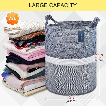 COMSE Extra Large Blanket Basket, Tall Woven Storage Basket, Nursery Hamper, 15.7”x 21.7”, Cotton Rope Laundry Hamper for Toys Clothes Towels, Blend Navy Blue/White