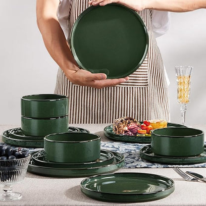 Herogo Plates and Bowls Dinnerware Sets for 8, 24 Pieces Ceramic Stoneware Dinner Dishes Set, Rustic Terracotta Bottom, Dishwasher & Microwave Safe, Dark Green