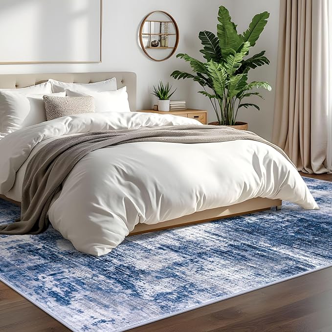 IOHOUZE Abstract Area Rugs 6x9 Ft Washable Rugs for Living Room, Non Slip Dining Room Rug, Printed Faux Wool Rugs for Bedroom, Floor Carpet for Office Nursery Playroom, Navy/Grey