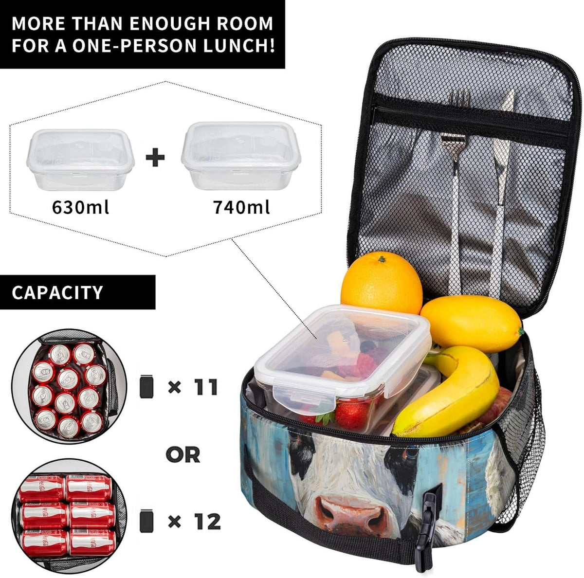 Cow Lunch Box for Kids Aldults, Realistic Animal Reusable Thermal Insulation Cooler Tote Bags, Black White Calf Pattern Insulated Bag for Student, School Picnic Camping Travel, Gifts