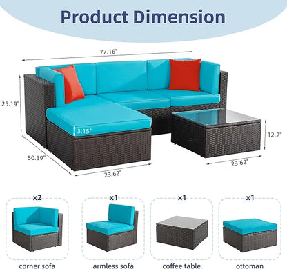 Vongrasig 5 Piece Furniture Sets, All-Weather Brown PE Wicker Outdoor Couch