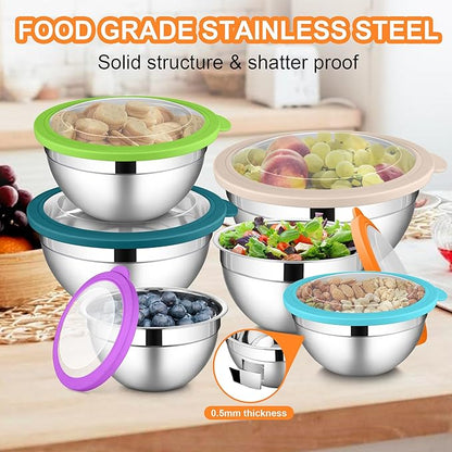LIANYU Mixing Bowls with Visible Lid Sets of 6, Stainless Steel Metal Salad Nesting Bowls, Large & Small 7, 3.5, 2.5, 2, 1.5, 1QT Size For Kitchen, Baking, Storage, Food Prepping, Serving, Multi-Color