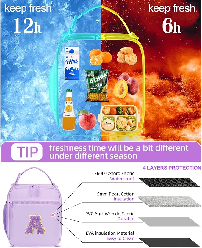 Initial Insulated Lunch Bag for Girls Kids, Back to School Gift, Reusable Leak-proof Lunch Box with Adjustable Strap for School Daycare Travel Picnic (Purple,A)