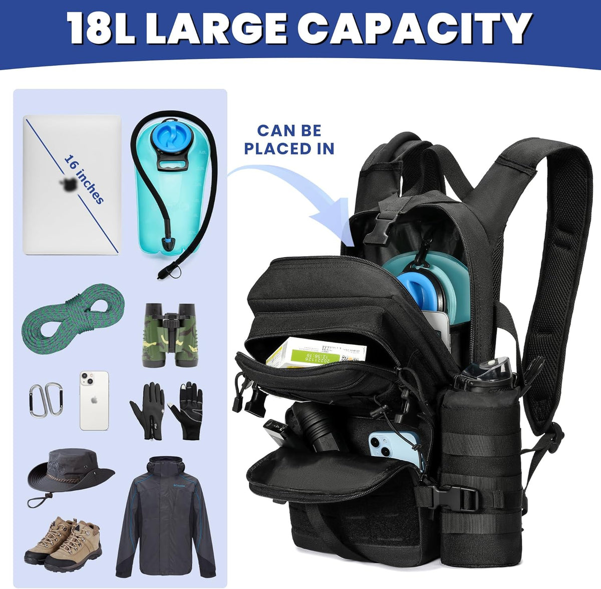 1050D Tactical Hydration Backpack with 3L TPU Water Bladder, Military Molle Water Backpack Perfect for Men & Women, Hydration Pack for Hiking, Biking, Running, Climbing, Hunting, Daily Use