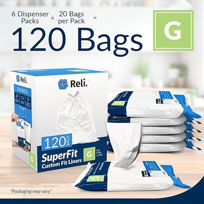 Reli. SuperFit Code G (120 Count) | Compatible with Simplehuman Code G | Dispenser Pack Custom Fit Liners | Drawstring Trash Bags | 30 Liter / 8 Gallon | White