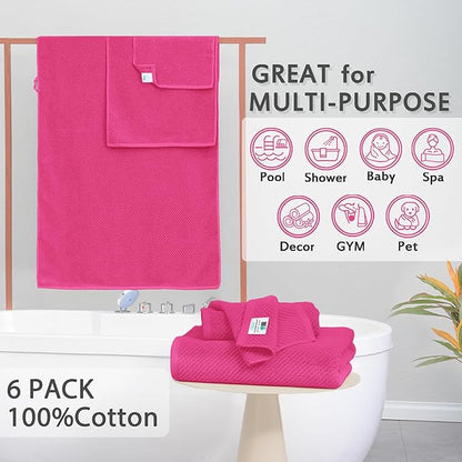 Hot Pink Towels - 100% Cotton, Soft, Quick Dry, Lightweight, Towel Set of 6, 2 Large Bath 30"x56", 2 Thick Hand 18"x28", 2 Absorb Washcloths 13"x13", Pink Bath Towel with Hanging Loop, Luxury Gift Set