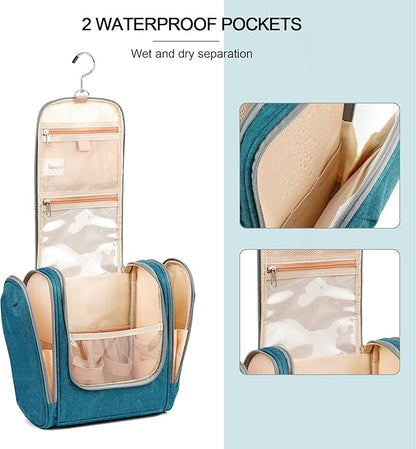 Hanging Travel Toiletry Bag for Women and Men, 6 Organizer Compartments, Extra Large Toiletries Bag, Bathroom Cosmetic Bag, Water-resistant Makeup Bag, Holds Full-Size Shampoo, Blue