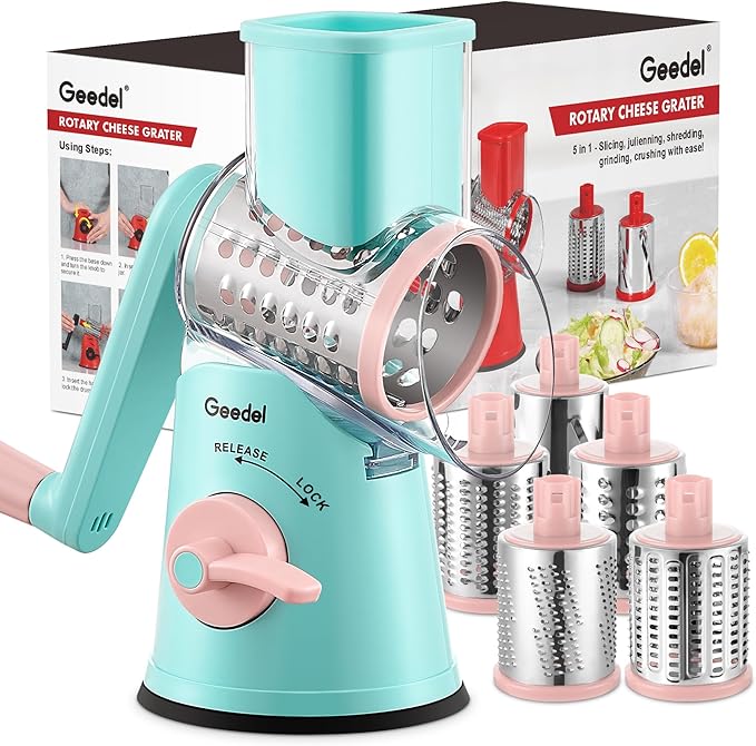 Geedel Rotary Cheese Grater Cheese Shredder - Upgraded 5-in-1 Cheese Grater with Handle and Strong Suction Base, Multi-purpose Vegetable Slicer Ice Shaver Nuts Grinder for Ice, Vegetables, Fruit, Nuts