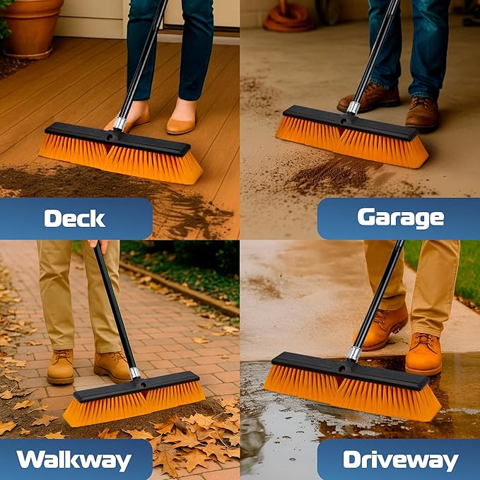 DSV Standard 18’’ Push Broom Outdoor Heavy Duty with 59.4’’ Long Handle, Industrial Broom with Stiff Bristles, Floor Broom for Cleaning Patio Garage Shop Deck Concrete Wood Stone Tile Floor