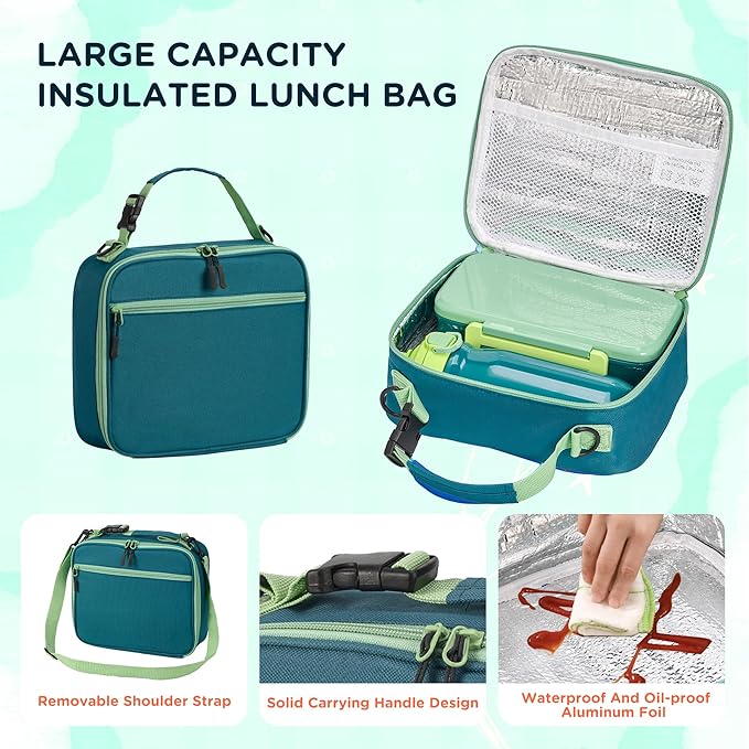 Bento Lunch Box for Kids With 8oz Thermo, Leakproof Bento Box with with 2 Compartments, Insulated Bottle, Lunch Bag, BPA Free Dishwasher Safe for School Girls Boys (Green)