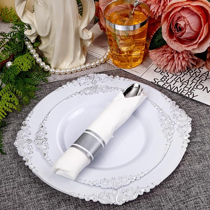 210 Pcs White Silver Plates for Party | White Party Plates Set for 30 Guests
