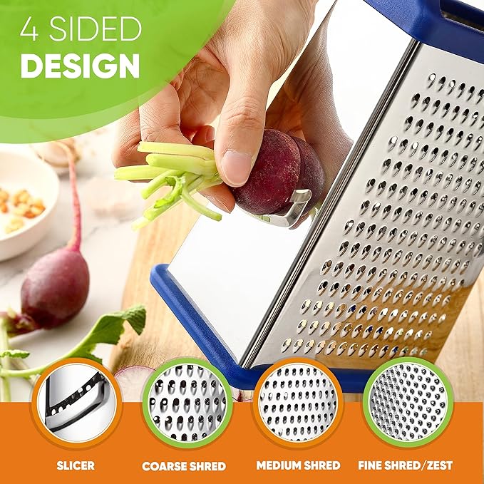 Spring Chef Stainless Steel XL Parmesan Cheese Grater with Handle - 4 Sided Metal Box Grater for Kitchen - Dishwasher Safe Potato Shredder for Hash Browns, Potato, Carrot, Vegetables - Sapphire
