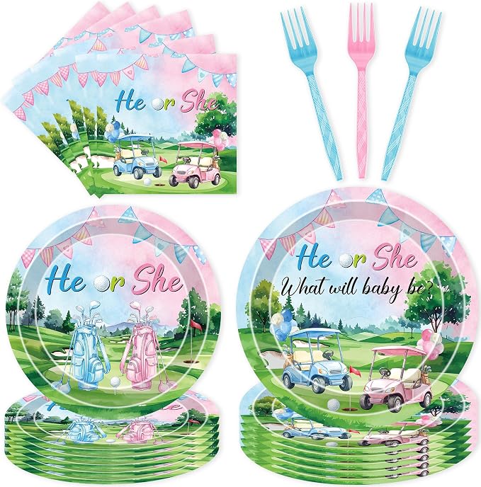 96 Pcs Golf Gender Reveal Decorations, He or She Tableware Set | Golf Cart Theme