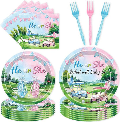 96 Pcs Golf Gender Reveal Decorations, He or She Tableware Set | Golf Cart Theme