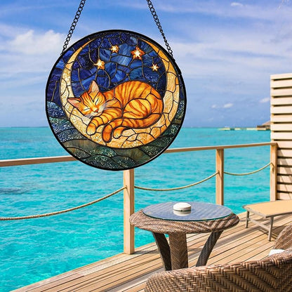 Stained Glass Window Hanging - Orange Moon Sleeping Cat Sun Catcher for Door Home Decor Blue Starry Sky Suncatcher Christmas Mother's Day Birthday Gifts for Women Men Mom Nana 15 in