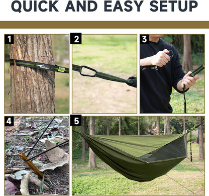 Camping Hammock with Mosquito Net and Sunshade, Backpacking Hammock with Ridge Rope Tree Straps, Lightweight Portable Hammocks for Outside, Hiking, and Travel