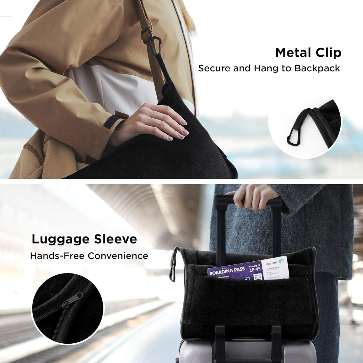 Bedsure Travel Blanket Airplane Compact with Storage Bag, Packable Blanket with Eye Mask, Lightweight 2-in-1 Travel Essentials, Functioned as Pillow for Airplane Comfort and Warmth, Black