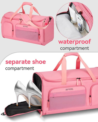 Large 3 In 1 Waterproof Garment Duffle Bags with Shoe Compartment, Mens Carry On Convertible Garment Bags Combo with Wet Compartment, Suit Bag Travel for Men and Women (pink)