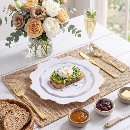 50PCS White and Gold Plastic Plates