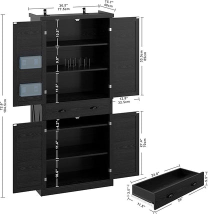 IRONCK Kitchen Pantry Storage Cabinet 72.6" H, with Barn Doors, Drawer, 4 Adjustable Shelves, Freestanding Cupboard for Dining Room Living Room, Laundry, Black