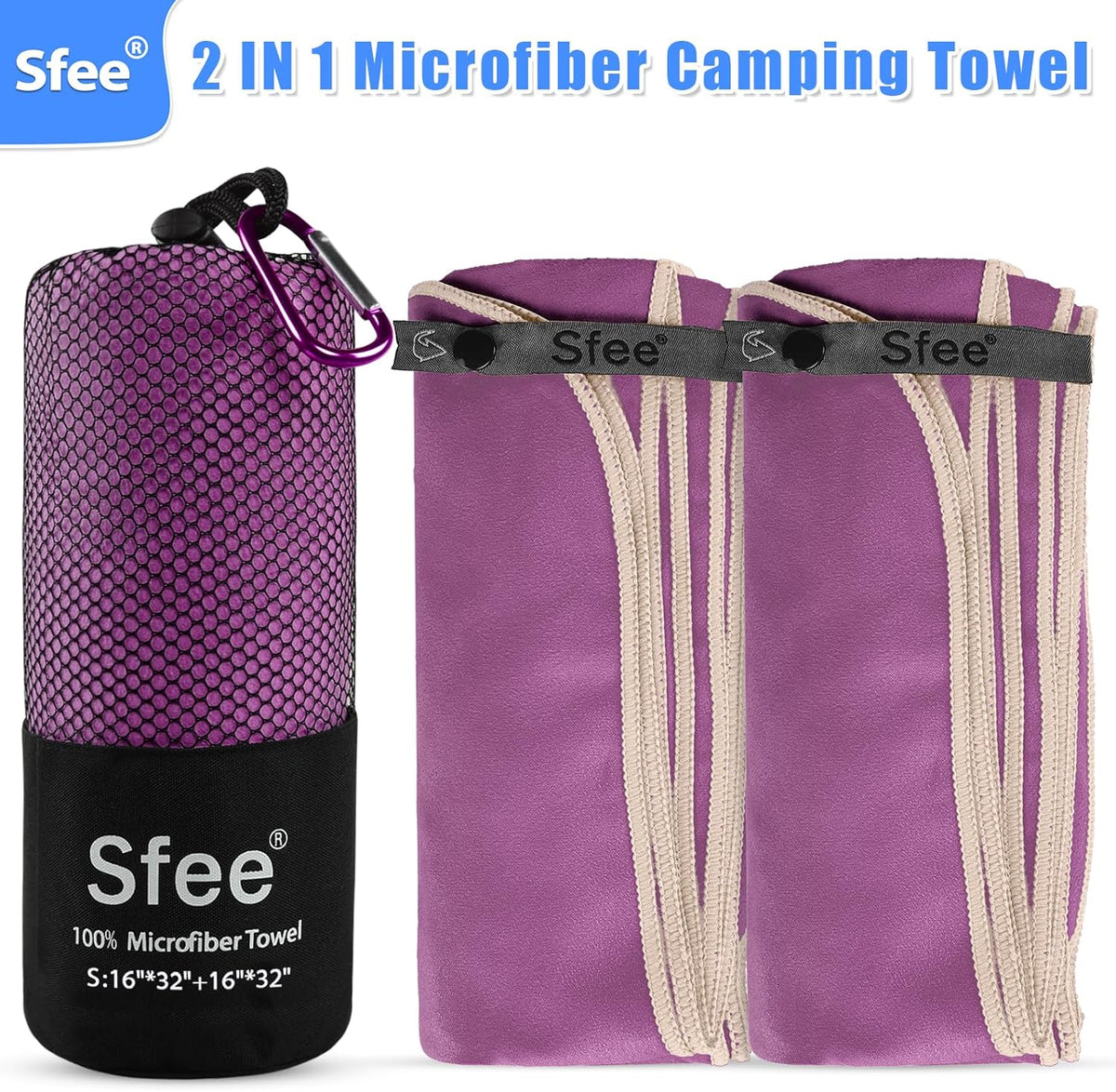 Sfee 2 Pack Microfiber Travel Towel, Quick Dry Towel Camping Beach Towel Super Absorbent Compact Lightweight Sports Gym Towels Set for Beach, Gym, Hiking, Pool, Backpacking, Bath, Yoga