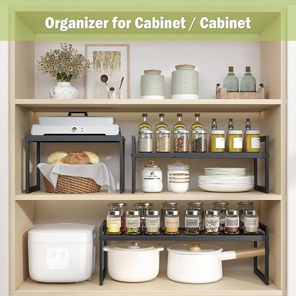 DOLALIKE Expandable kitchen Countertop Organizer, Stackable Cabinet Shelf Organizers, Space Saving Spice Rack Pantry Storage for Bathroom Office Organization (Black, 2 Pack)