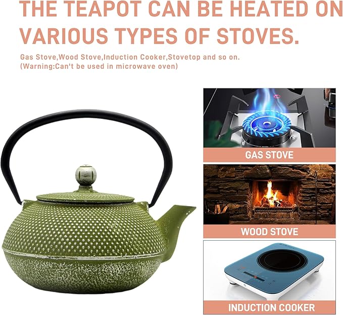 Cast Iron Teapot Tea Kettle with Stainless Steel Infuser for Stovetop Safe Coated with Enameled Interior Japanese Green Tetsubin for Loose Tea(30.4oz/900ml)