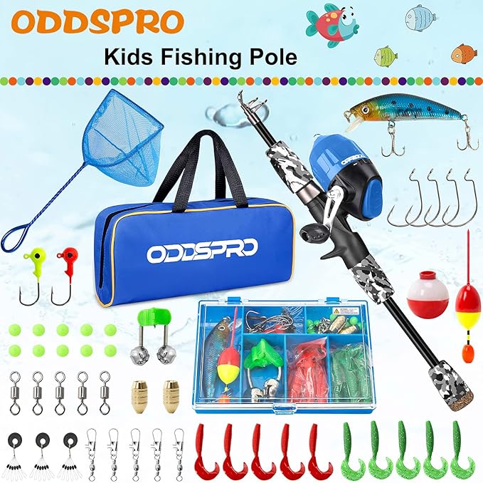 ODDSPRO Kids Fishing Pole Pink, Portable Telescopic Fishing Rod and Reel Combo Kit - with Spincast Fishing Reel Tackle Box for Girls, Youth