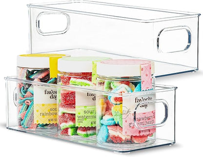 Plastic Food Storage Clear Container 2 Pack Bin with Handles for Organizing Kitchen, Pantry, Refrigerator, Freezer, Pantry, Cabinet, Closet, Bathroom. Stackable 10”x4”x3”
